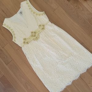 Anna Sui Anthropologie Ivory Gold Mini Dress Raw Edge Lace Victorian‎ Bridal 10